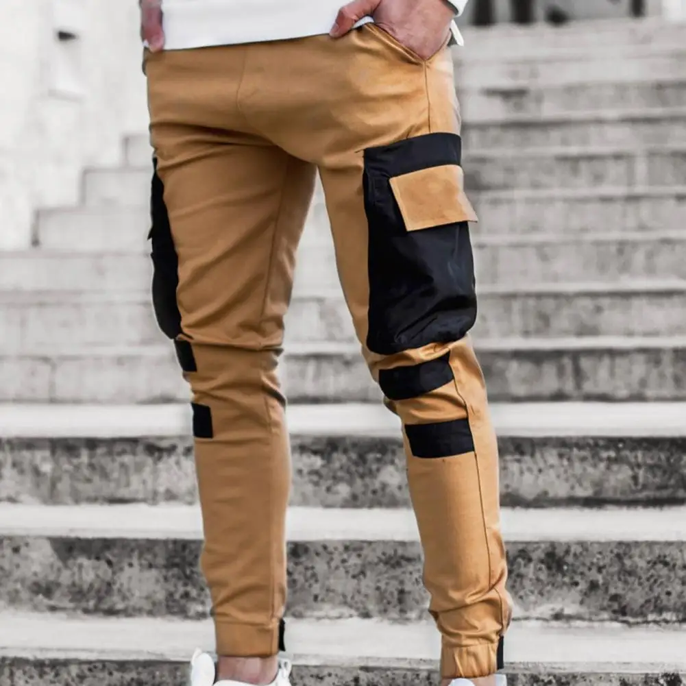 Stylish Men Pants Elastic Large Side Pockets Contrast Color Slim Fit Men Jogger Pants  Cargo Pants String Closure