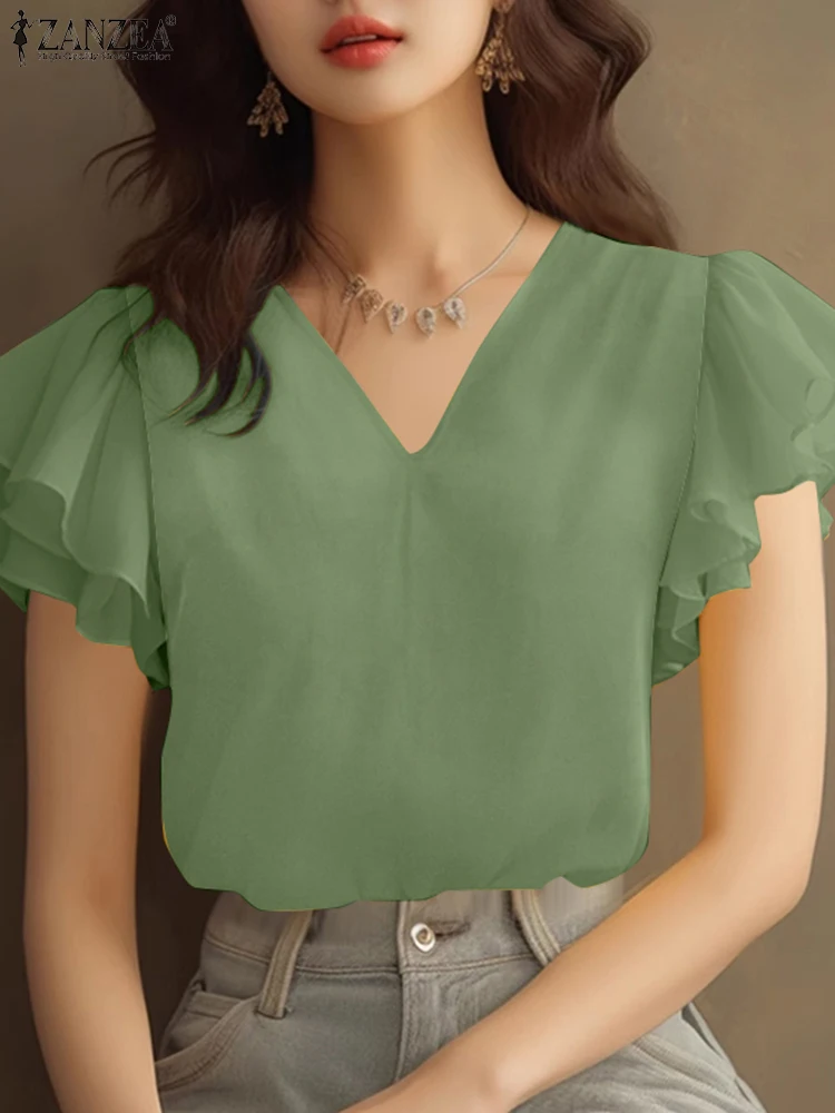 Zomer Kantoor Werk Shirts Elegante Vrouwen Ruches Blouse 2025, ZANZEA Mode V-hals Korte Mouw Vakantie Tops Tuniek Vrouwelijke Blusas