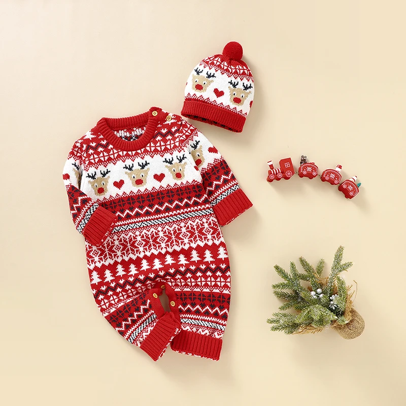 Winter Newborn Christmas Rompers 0-18m Red Reindeer Knit Infant Boys Girl Long Sleeve Playsuits Hats Set Toddler Outwear Clothes