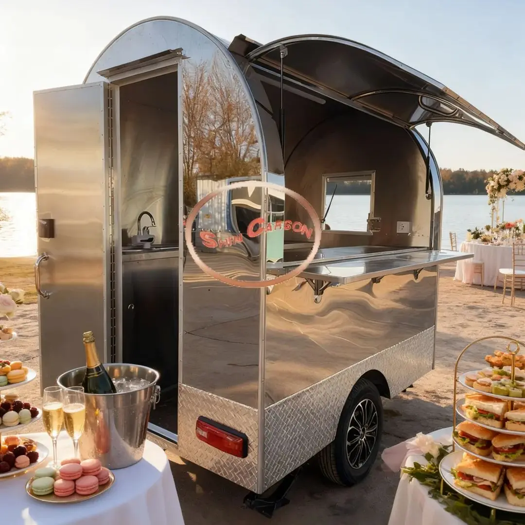 عربة طعام محمولة من الفولاذ المقاوم للصدأ، مقطورة تقديم الطعام المتنقلة مع محطة عمل للمطبخ الخارجي #3