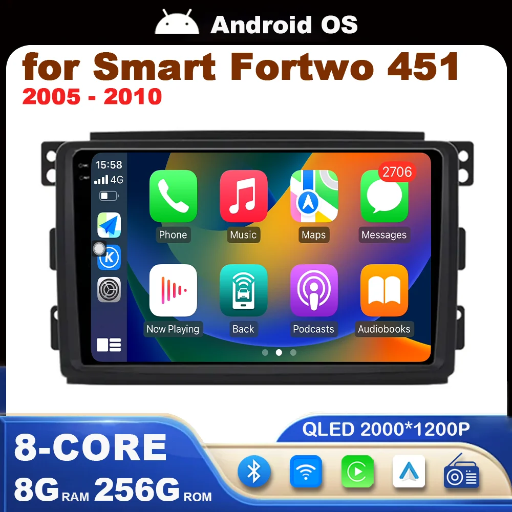 

Car Radio Multimedia Player Android OS for Smart Fortwo 451 2005 - 2010 DSP Stereo GPS Navigation WiFi QLED Screen 4G BT Carplay