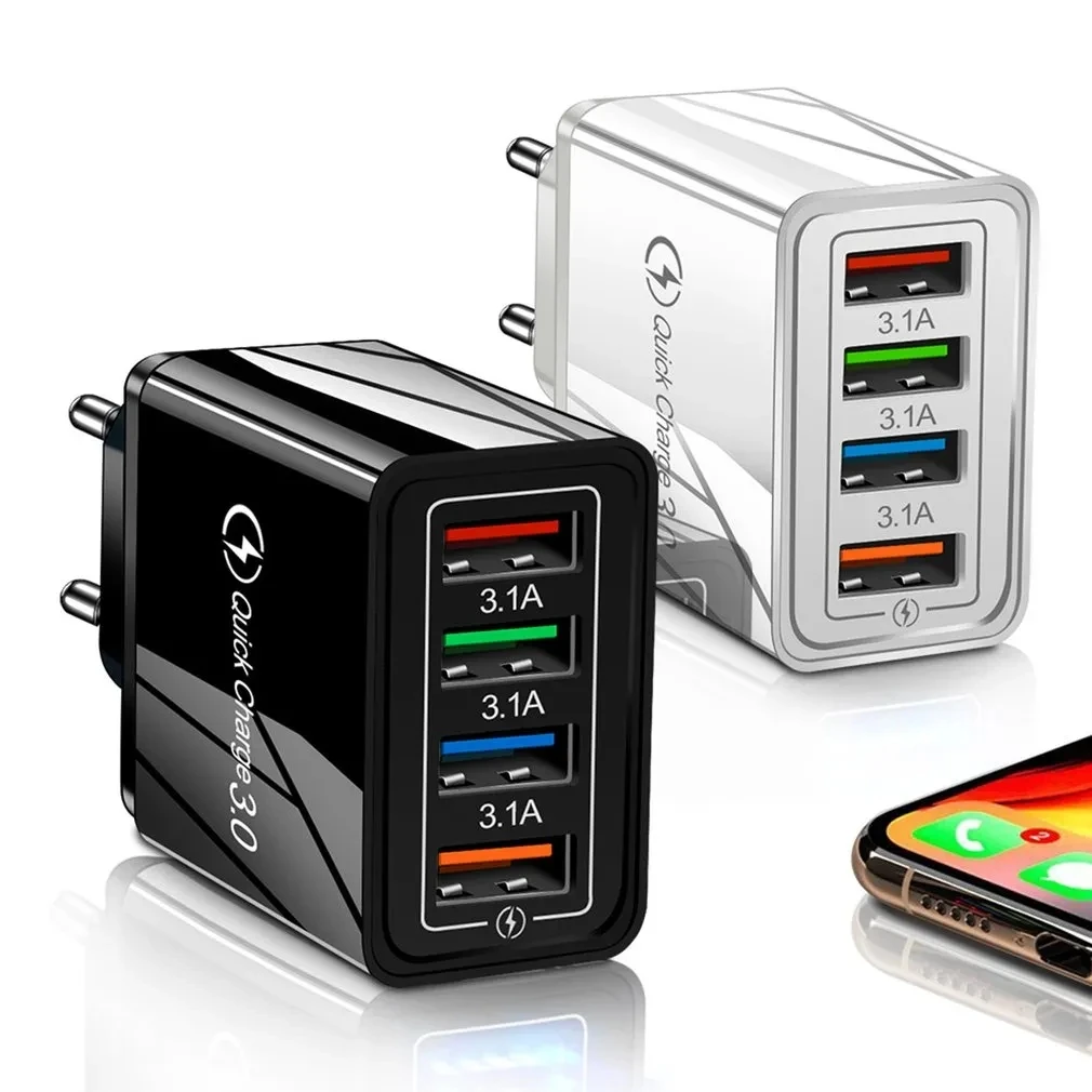 Carregador USB 3A com Plugue EU/US, Multiportas 4 USB, Carregamento Rápido 3.0 para Telefone, Adaptador para Tablet, Carregador de Parede Portátil, Carregador Rápido para Poco