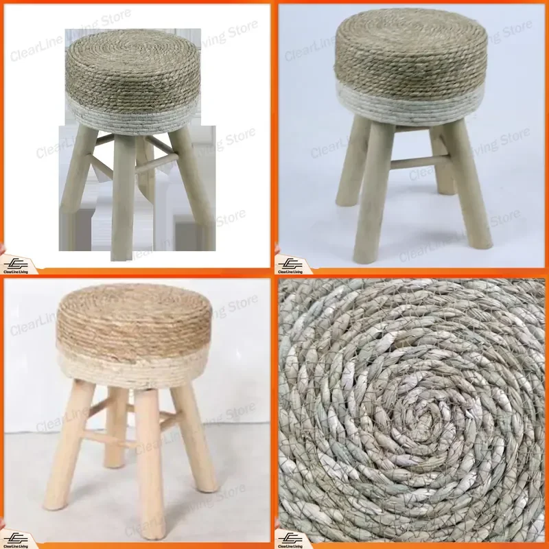 Woven Carpet Upholstered Round Seaweed Stool Pine Wood Footstool for Home Living Room Bedroom Decor