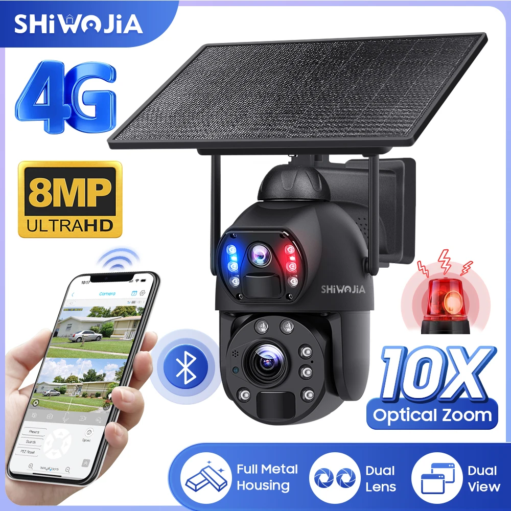 

SHIWOJIA 8MP 4G Solar Solar Panel Camera 10X Optical Zoom Dual Lens Humanoid Tracking Solar Battery Security Camera PIR Camera