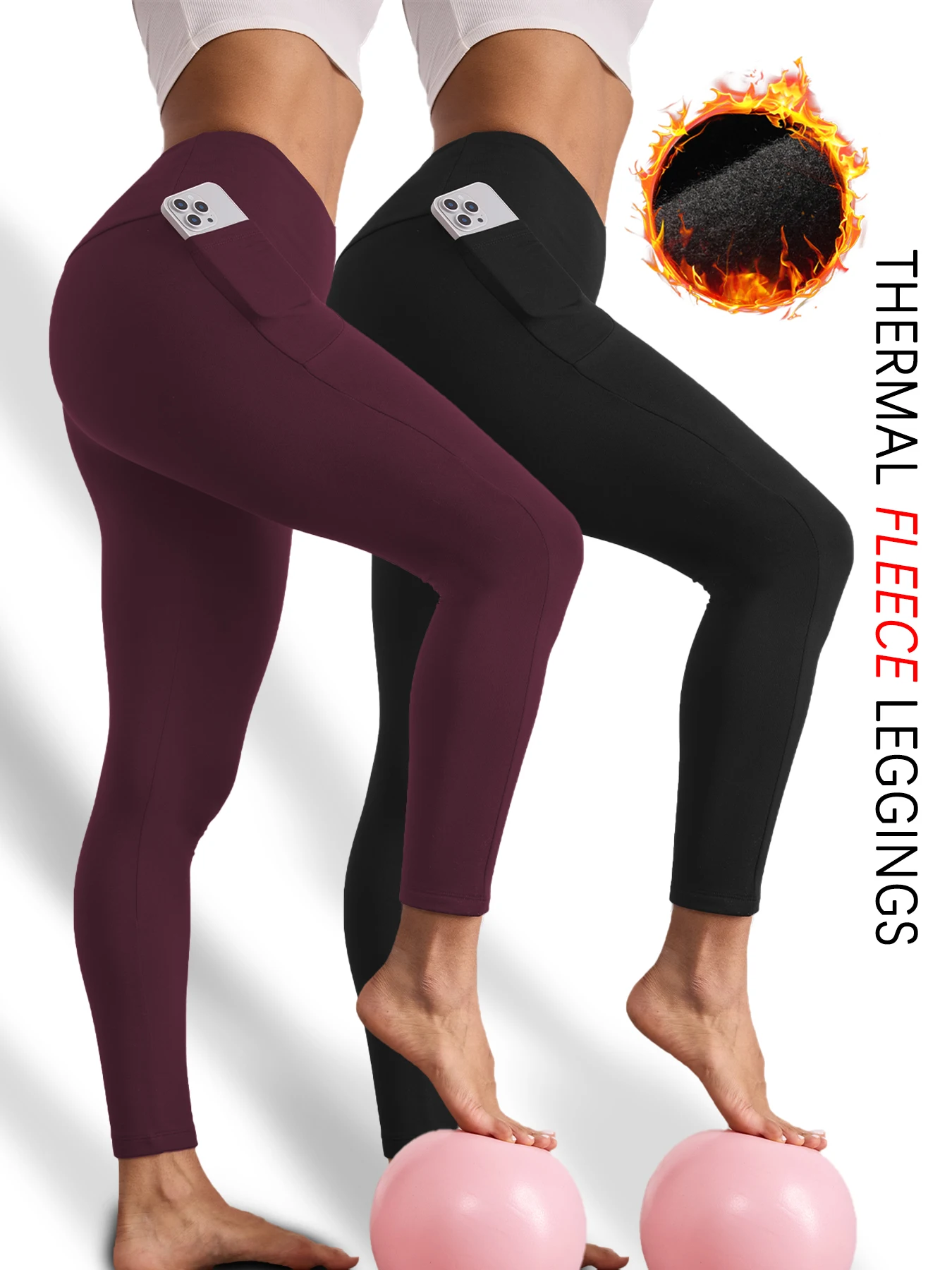 

2 pack Thermal Fleece Lined Leggings with Pockets for Women-High Waisted Tummy Control Winter Warm Tights Workout Running Pants