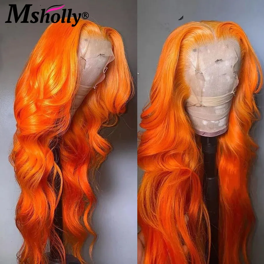 Ombre jahe oranye rambut palsu gelombang tubuh rambut manusia dengan kepadatan 180% Wig berwarna Remy telah ditanami 13x6 Wig Frontal renda transparan