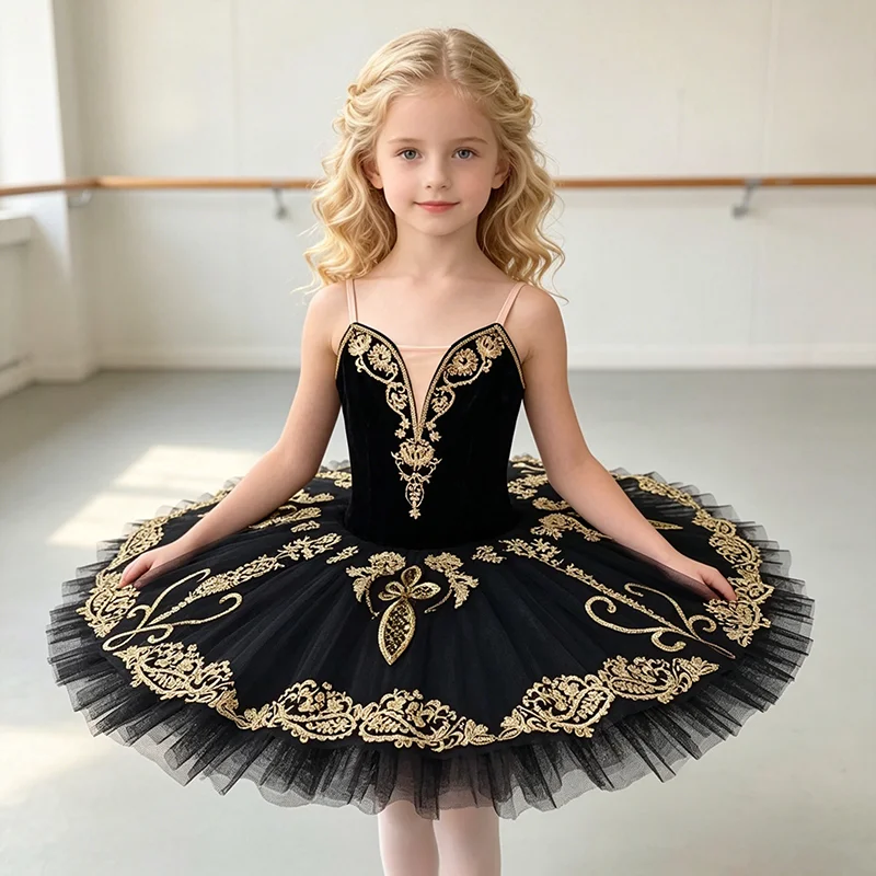 Womens Thin Strap V Neck Ballet Tutu Performance Dress Vintage Gold Floral Scroll Embroidery All Black Glitter Skirt Suitable Fo