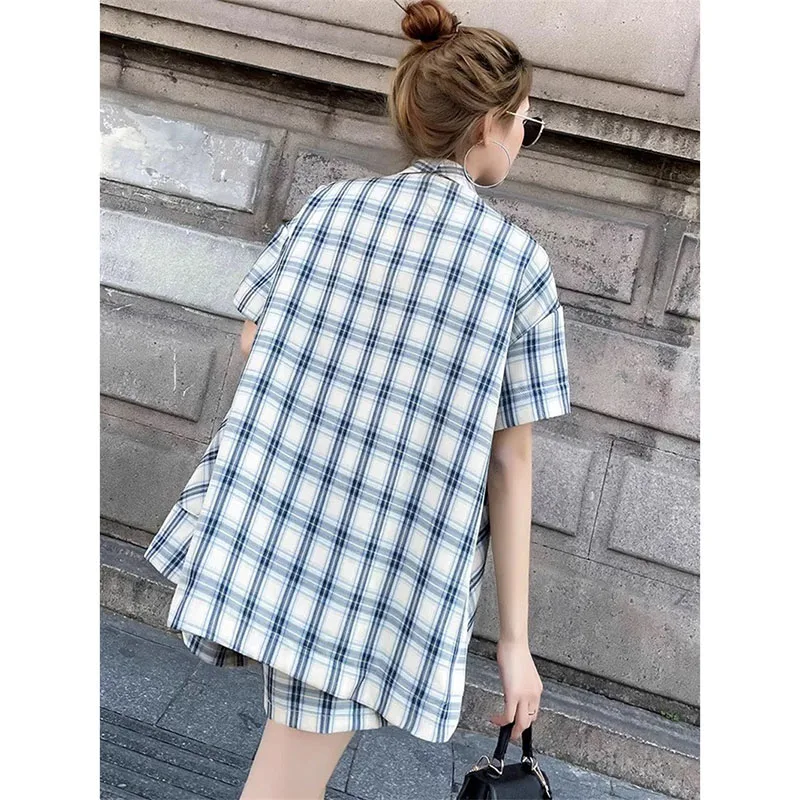 2025 NEW Women Sets Summer Thin Suit Coat +shorts Two-piece Set Korean Style Checkered Loose Jacket Fashionable Casual Suit