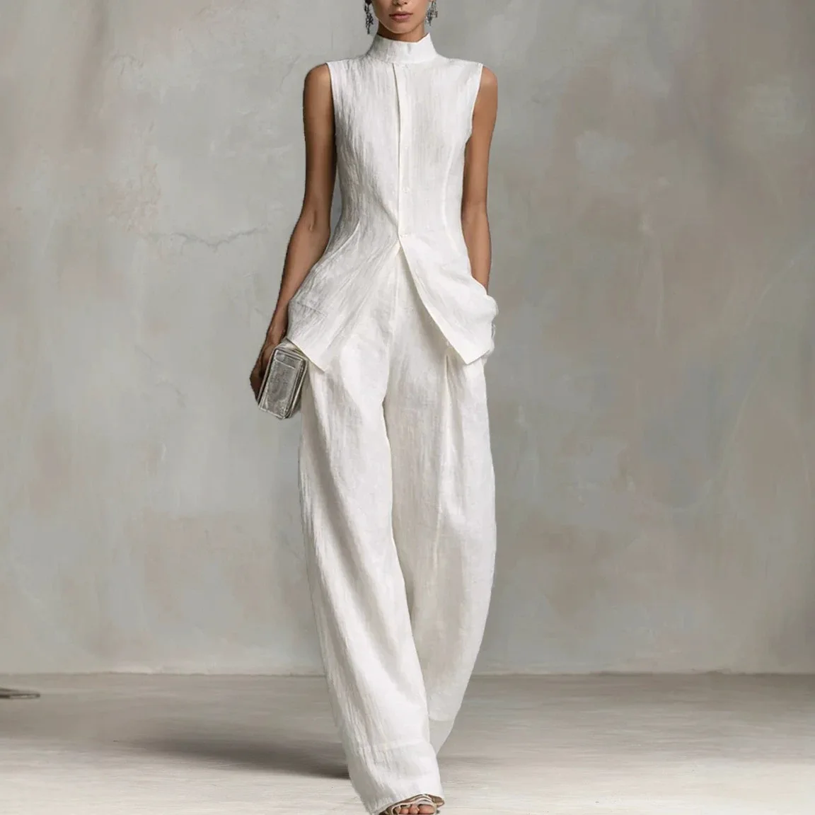 Womens Sleeveless Blouse Top Pants Matching Set Solid Cotton Linen Spring Summer