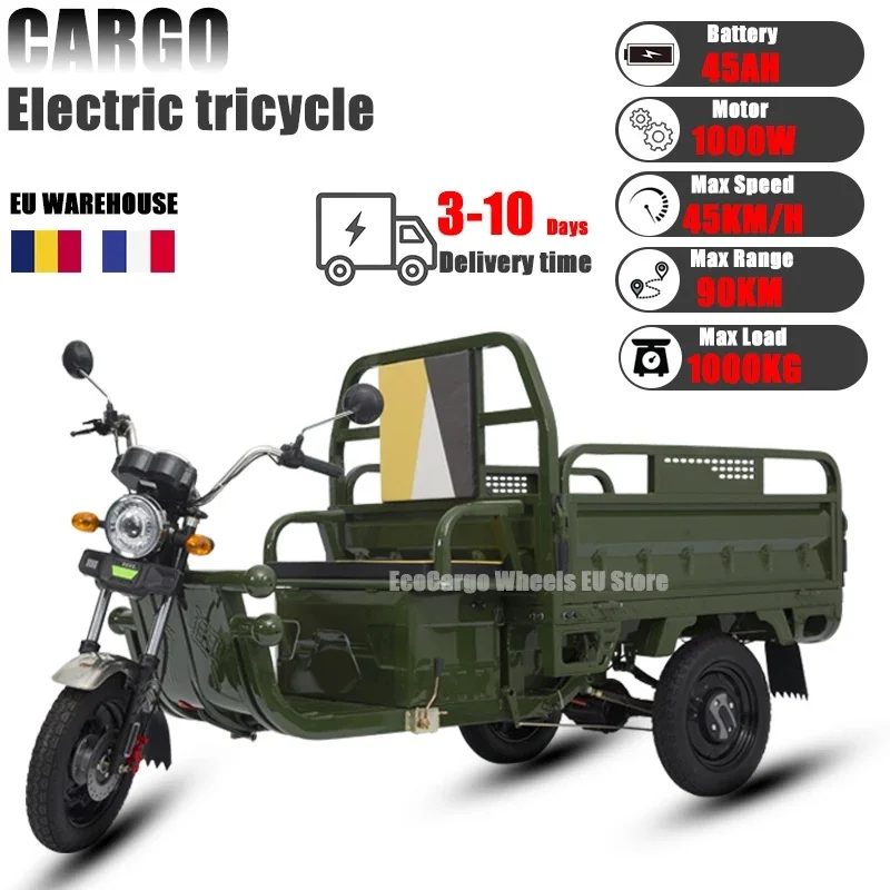 Triciclo eléctrico de carga para adulto, Scooter de 3 ruedas con tolva de carga, ciclomotor, camión, velocidad máxima de 45 KM/H, 1000W, 60V, 45AH