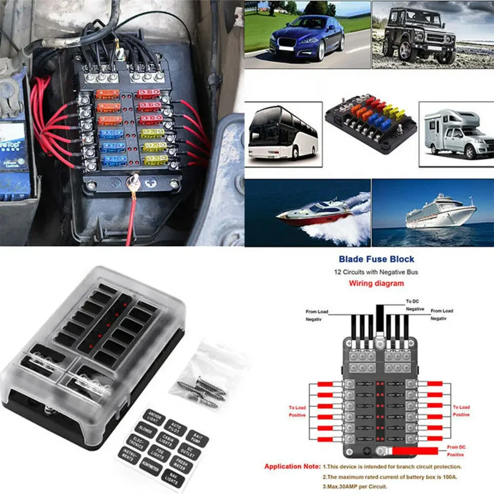 Circuit Standard 12 Way Blade Fuse Box Bus Bar Car Kit with Cover Marine Fuse Box Holder 12V/32V for Car Boat Marine Trike