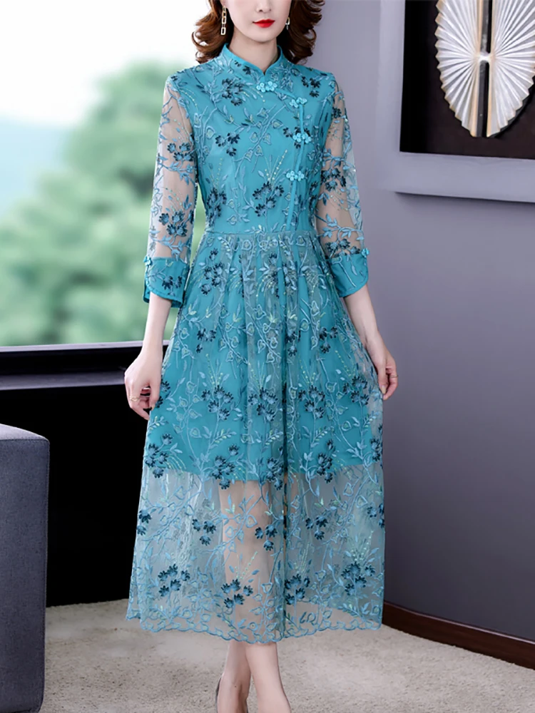 

Women Blue Embroidery Lace Hook Flower Hollow Sexy Midi Dress Spring Summer Boho Fashion Light Dress 2023 Korean Elegant Dresses