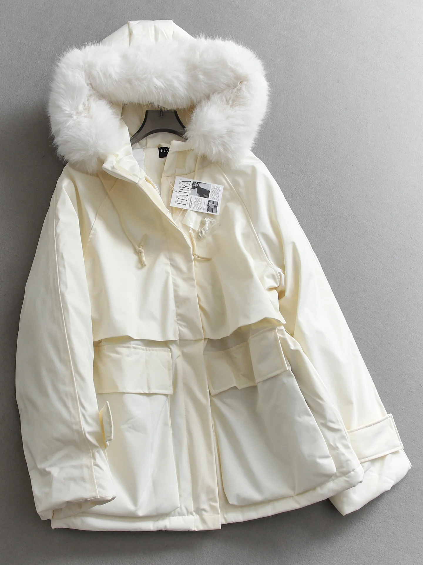 Thickened Warmth Women's Cotton Jacket Removable Fur Collar Gathered Waist Pocket Workwear Pure Color Zipper Closure Long Sleeve