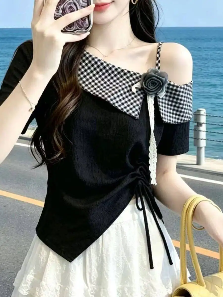 

Slim Fit Short Sleeve T-Shirt Women's Base Shirt Shoulder Bared Design Casual Style Spring Autumn plus Size Fashion Top