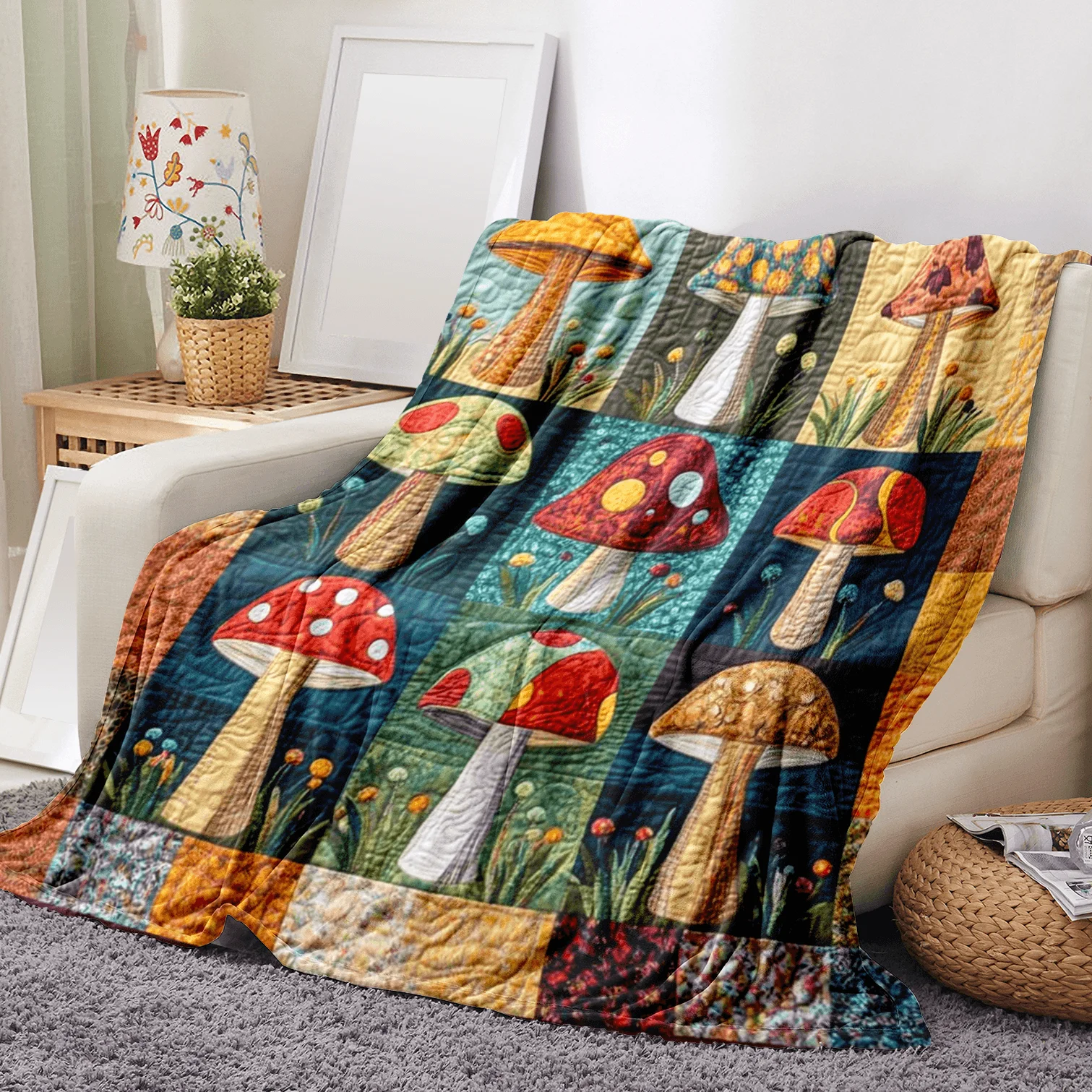 1 Vintage Mushroom Pattern Blanket - Soft flannel blanket, perfect for year-round home decor gifting, rustic style