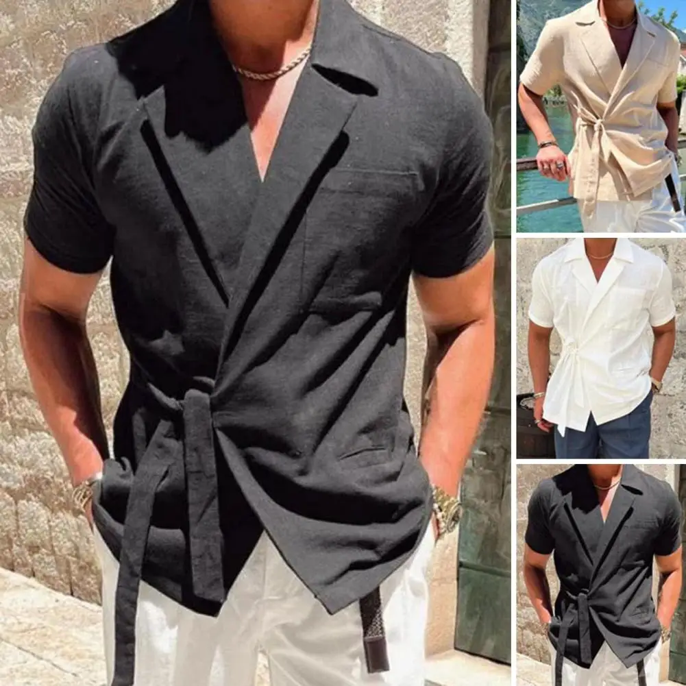 

Summer Solid Color Linen Short-sleeved Shirt Suit Lapel Strap French Elegant Gentleman Loose Casual Simple Top Men's Clothing