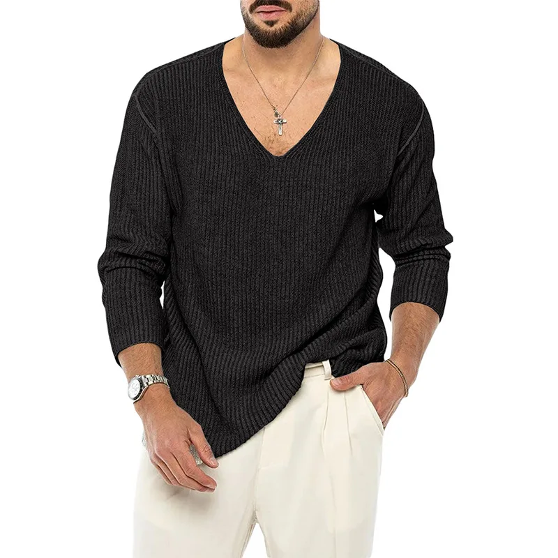 Men's Sweater Autumn And Winter New Solid Color V-Neck Simple Casual Large Size Sweater