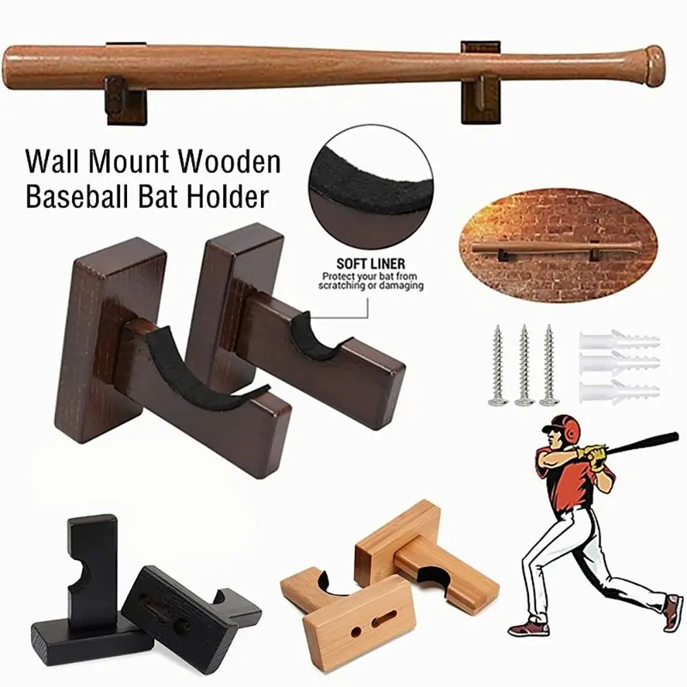 2Pcs Softball Bat Baseball Bat Holder New Wooden Display Rack Bracket Wall Mount Hanger Portable with Screws Hockey Stick Stand