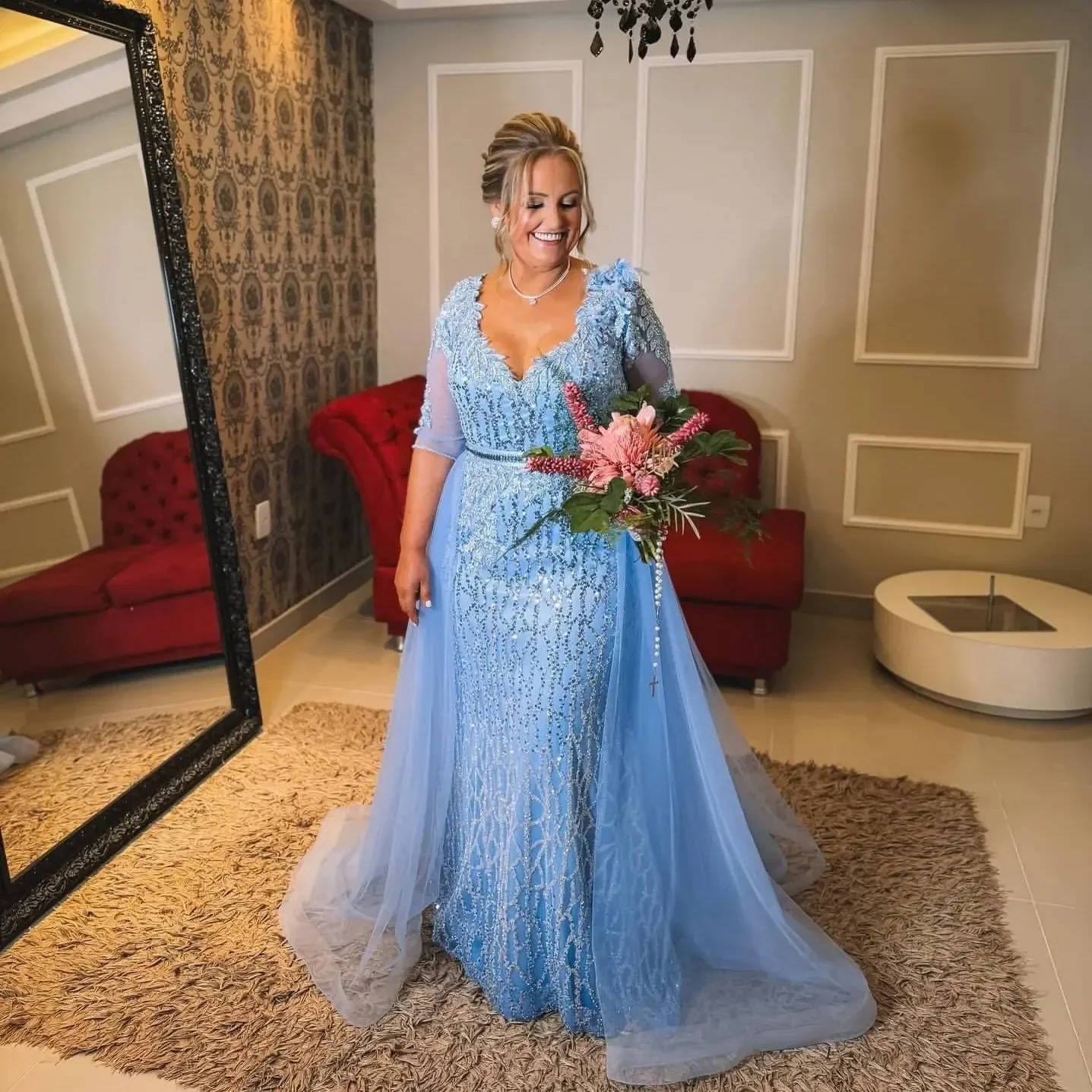 

Великолепные блестящие вышитые бисером платья для выпускного вечера по индивидуальному заказу, элегантное тюлевое вечернее платье русалки с длинными рукавами и съемным хвостом