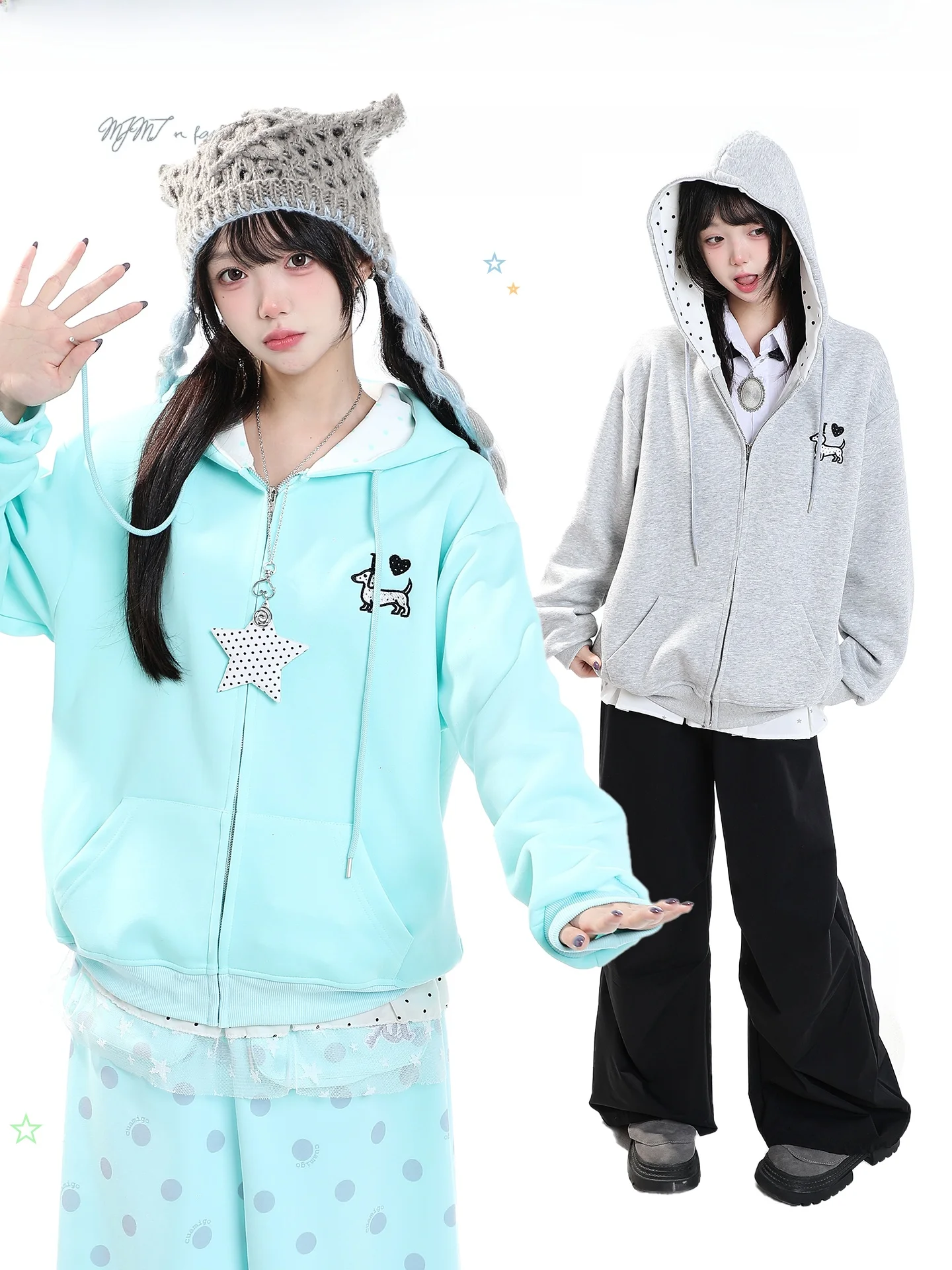 Korean Style Embroidered Dog Hoodie Women's Unique Super Cute Loose Casual Zipper Anti-Aging Open Cardigan Outerwear