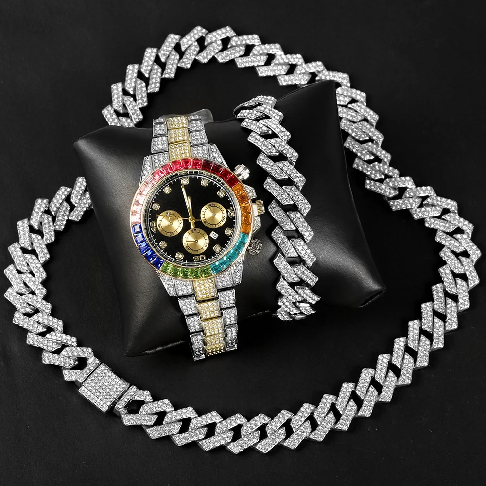 3pcs Hip-hop Men\'s Watch Set Stylish Gold&Silver Inlaid Colorful Diamonds Watch+Cuban Chain+Bracelet Trend Punk Jewelry Gift Set