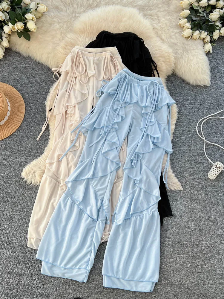 

Foamlina женские шифоновые расклешенные брюки модные однотонные эластичные талии с завязками нерегулярные многослойные длинные брюки с оборками Y2K уличные брюки