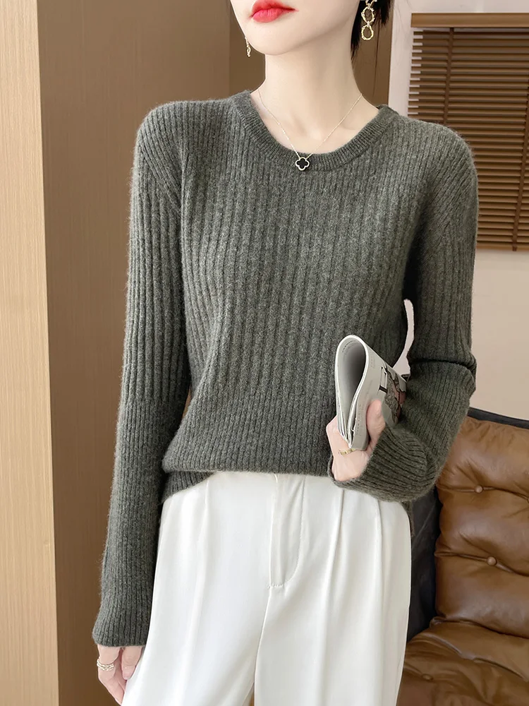 Women's 100% Pure Wool Knitted Sweater, Crew Neck, Korean Style, Top, Pullover, Drawstring, Fashion, Autumn/Winter 2024