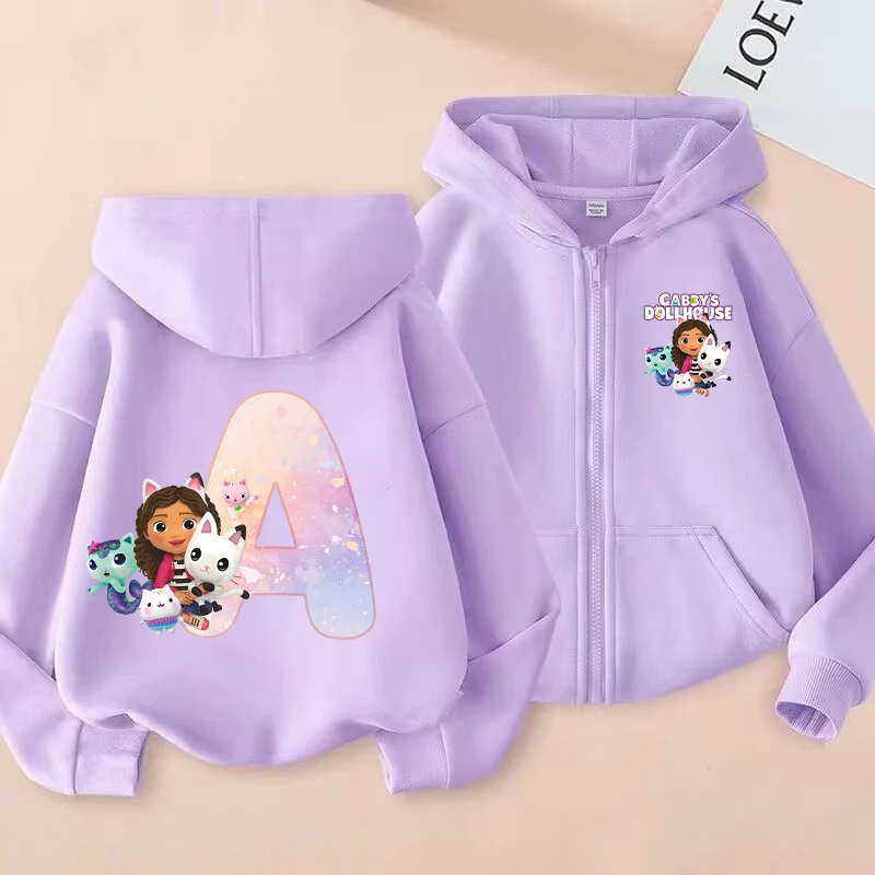 

Gabby Dollhouses Girls Cardigan Hooded Jacket Cartoon Letters Print Polyester Outerwear Girls Cartoon Print Winter Warm Clothing