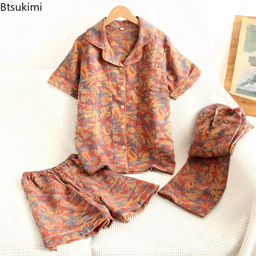 Summer Women's Three Piece Pajamas Set Jacquard Cotton Yarn Woven Floral Printed Cardigan Short Sleeved Shorts Long Pants Suit