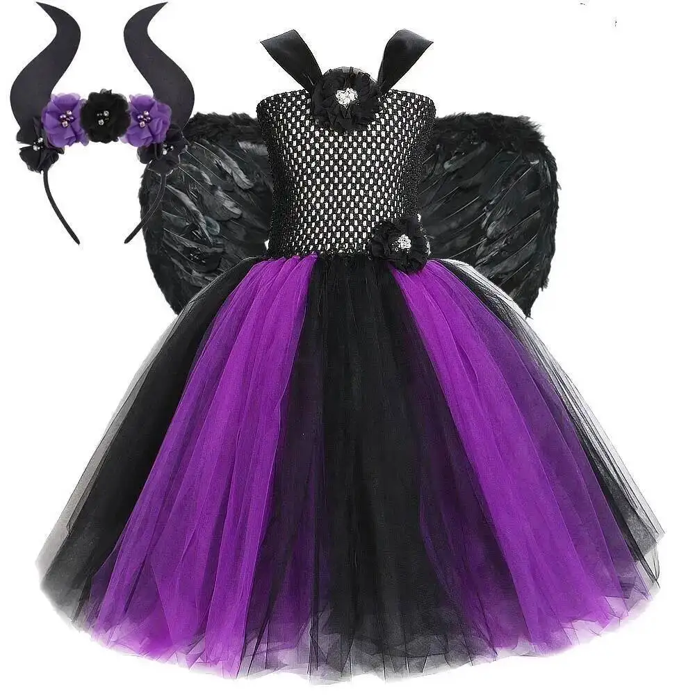 Evil Fairy Dark Witch Long Costumes for Girls Halloween Carnival Full Length Dress for Kids Demon Angel with Horns Feather Wings
