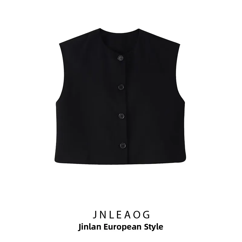 JNLEAOG ファッショナブルな黒のベストスタイルトップス レディースカジュアルウェア オールマッチデザイン 秋の新作 ポリエステル繊維 ラウンドネック