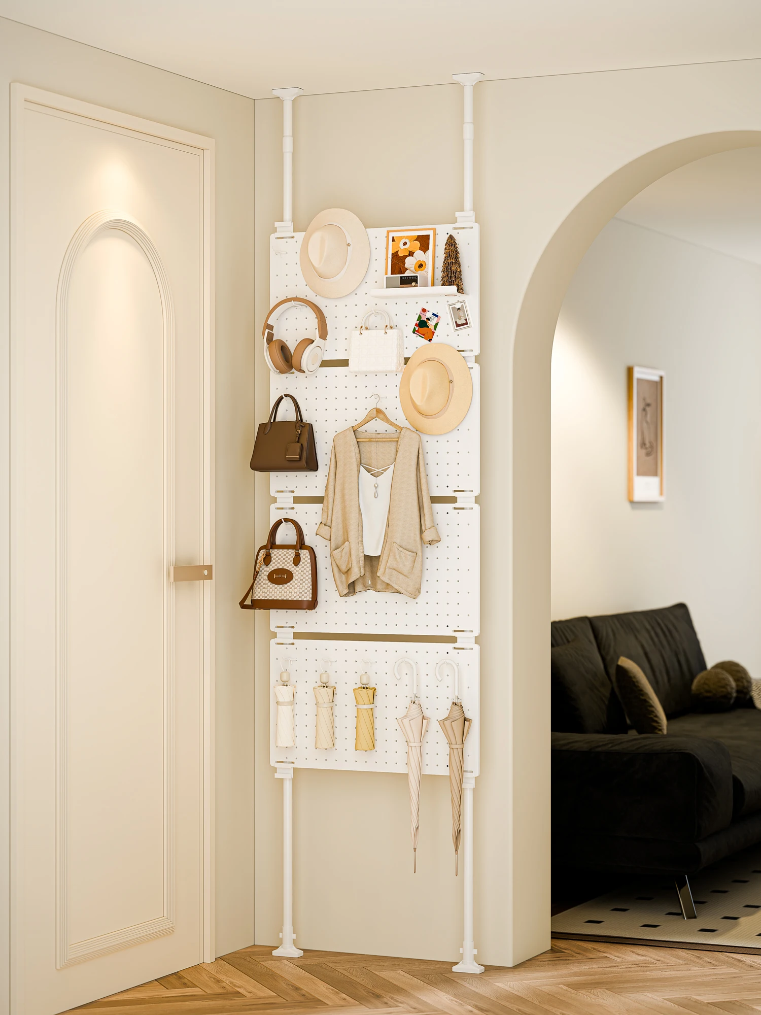 The shelf behind the door enters the entrance, hole board is upright