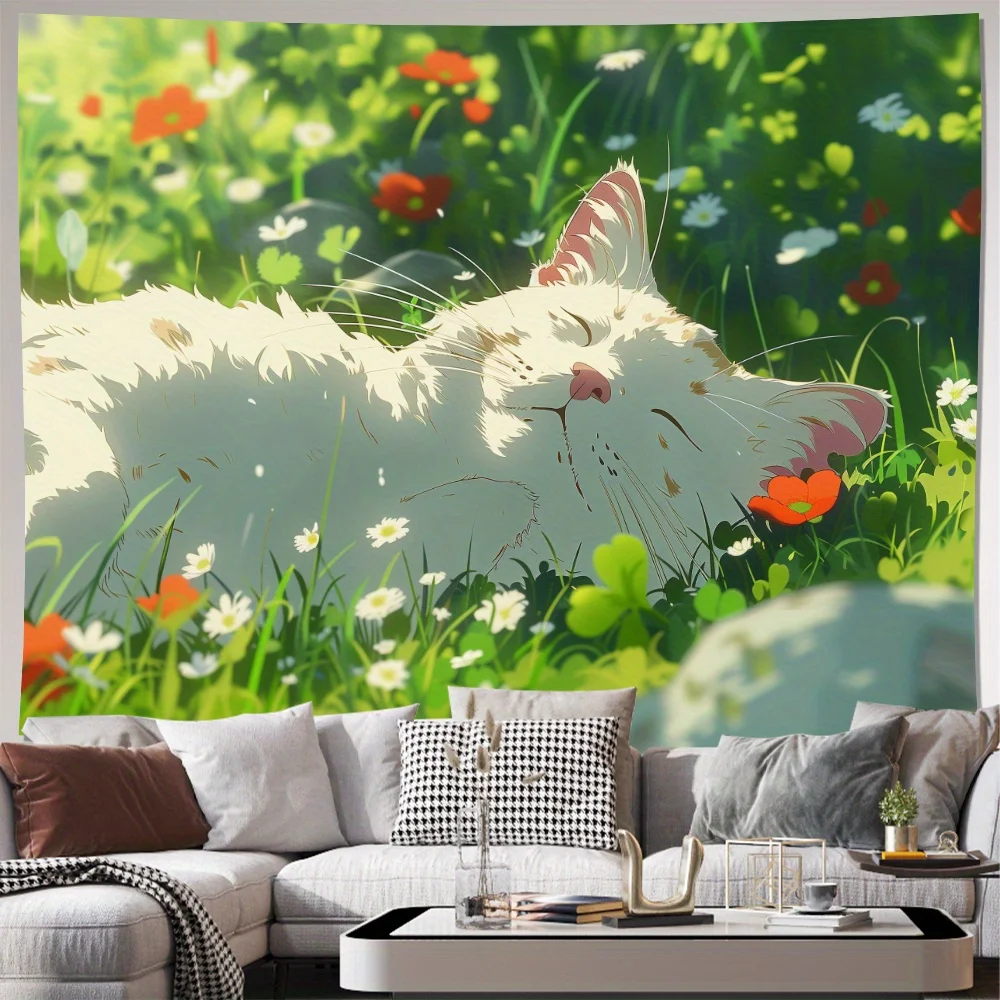 Cute Cat Garden Floral Curtains Spring Meadow Wall Art Window Decor Aesthetic Living Room Kitten Picture Blinds