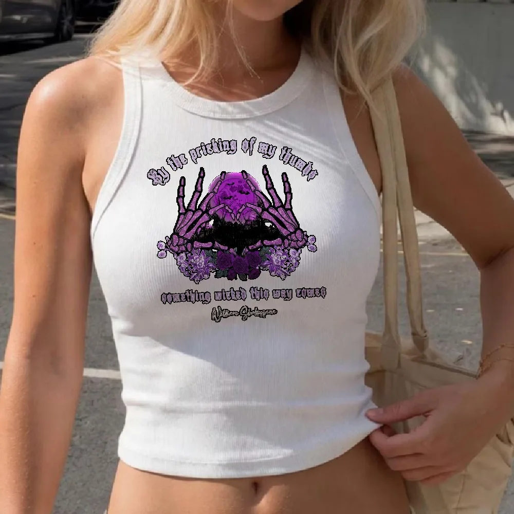 Distressed Purple Tint Skeleton Hands Purple Moon & Rose Floral Motif Shakespeare Macbeth Something Wicked Quote Tank Top Women