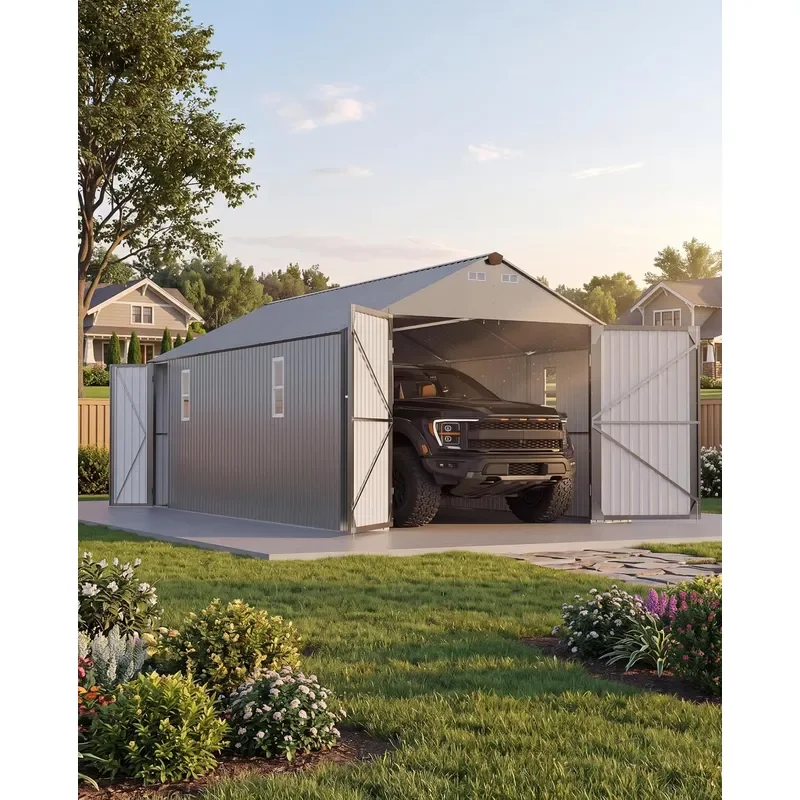 12x20 ft Metal Carport with Sidewall and Hinged Door