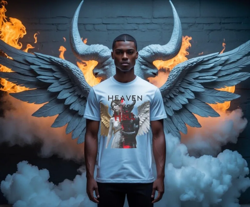 

Летняя хитовая футболка с коротким рукавом из хлопка с принтом «Ангел и Демон», модная повседневная спортивная одежда для взрослых и детей