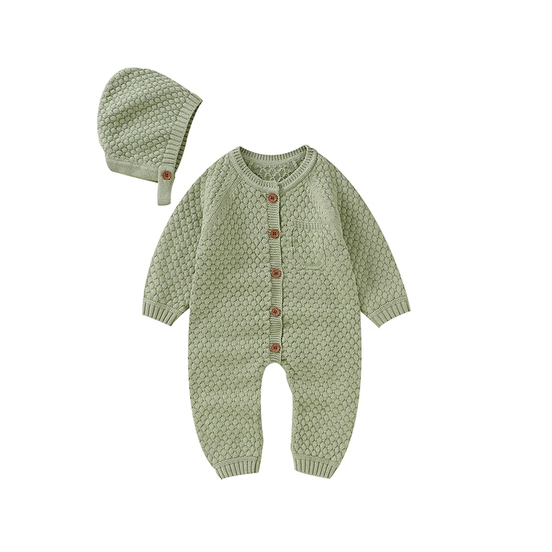 Baby Boys Girls Rompers Clothes Spring Autumn Green Long Sleeve Knitted Newborn Infant Jumpsuits Hats Outfits 0-18m Toddler Wear