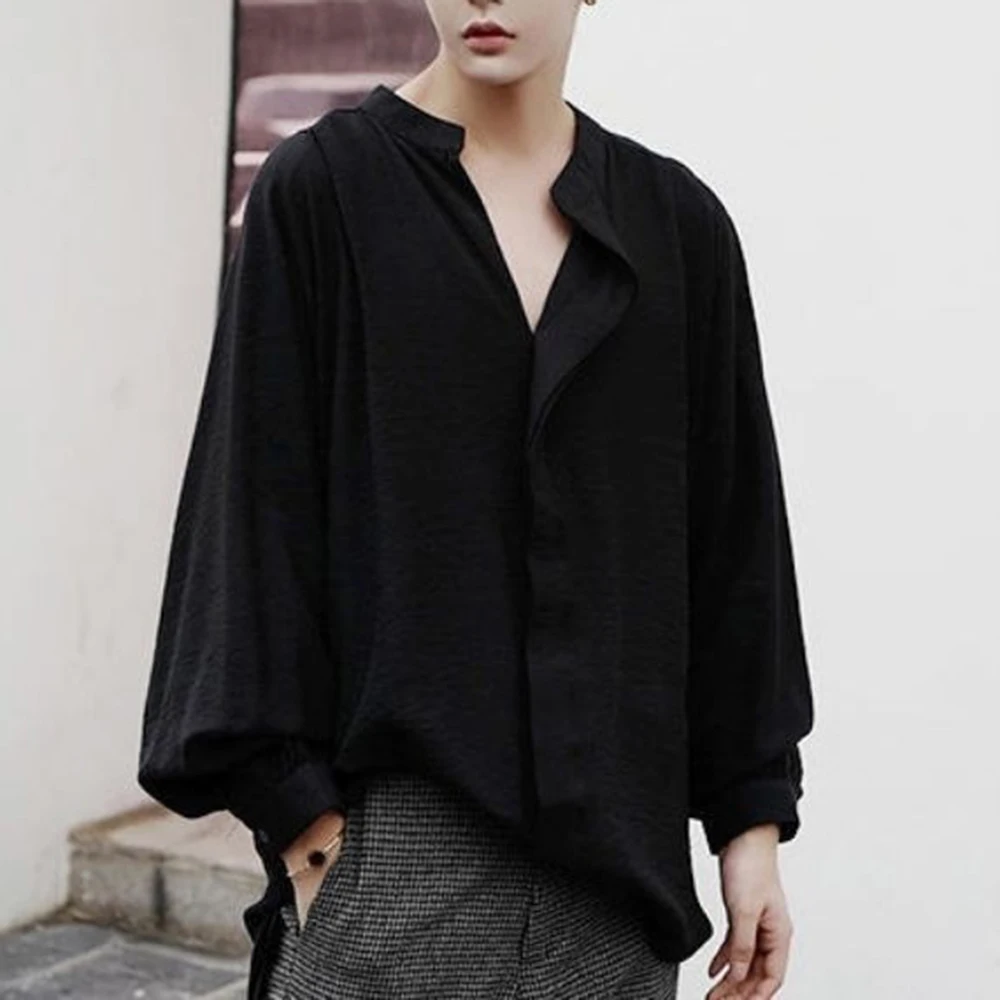 Mens Asymmetry Long-Back Casual Shirt Streetwear Fashion Nightclub Stage Hip Hop Plain Long Sleeve Top Men'S Clothing 2026 New