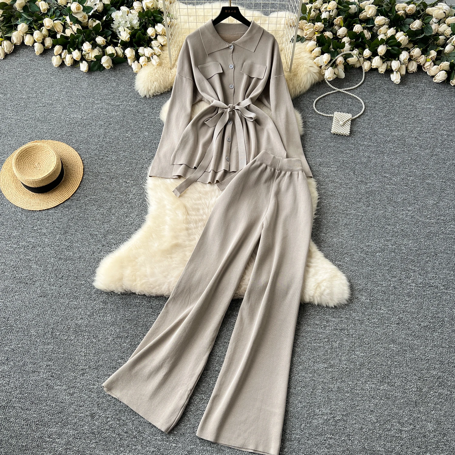 Women Knit Matching Two Pieces Set Single Breasted Long Sleeve Knitted Cardigan + High Waist Long Pants Clothing Suits