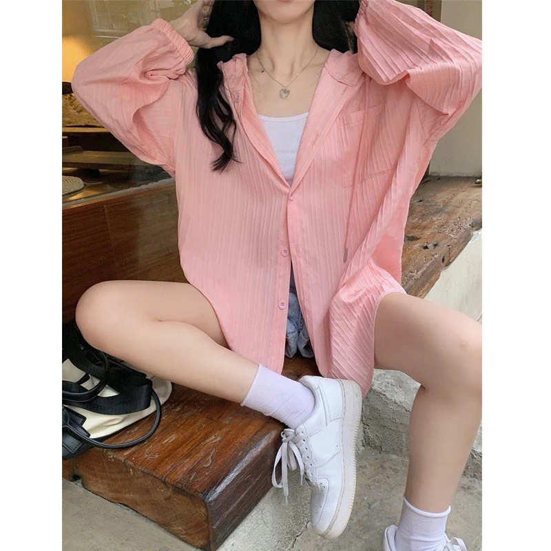 Summer New Hooded Thin Long Sleeved Shirt Tops Solid Color Loose All-match Cardigan Trend Korean Fashion Women Clothing