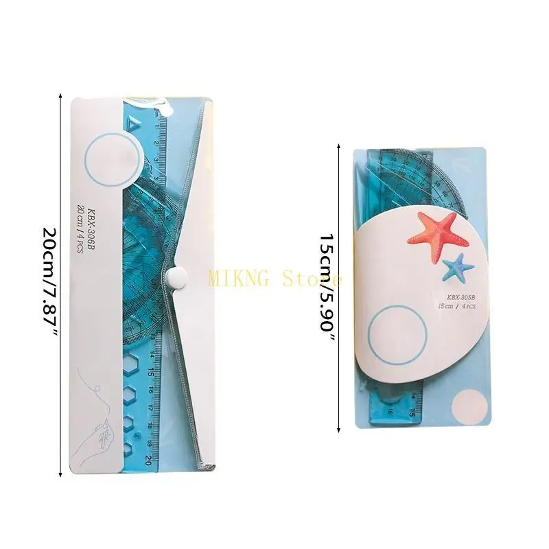 4pcs/pack数学ジオメトリルーラーキットポータブル描画ツール学生ギフトセットルーラー測定範囲0-15cm/0-20cm