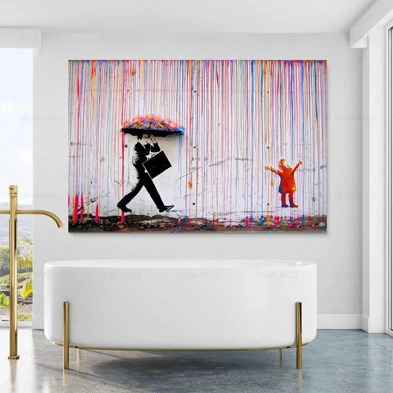 Rainbow Rain Street Art Graffiti Canvas Painting Banksy Wall Art Posters and Prints Pop Art Wall Pictures Living Room Home Decor
