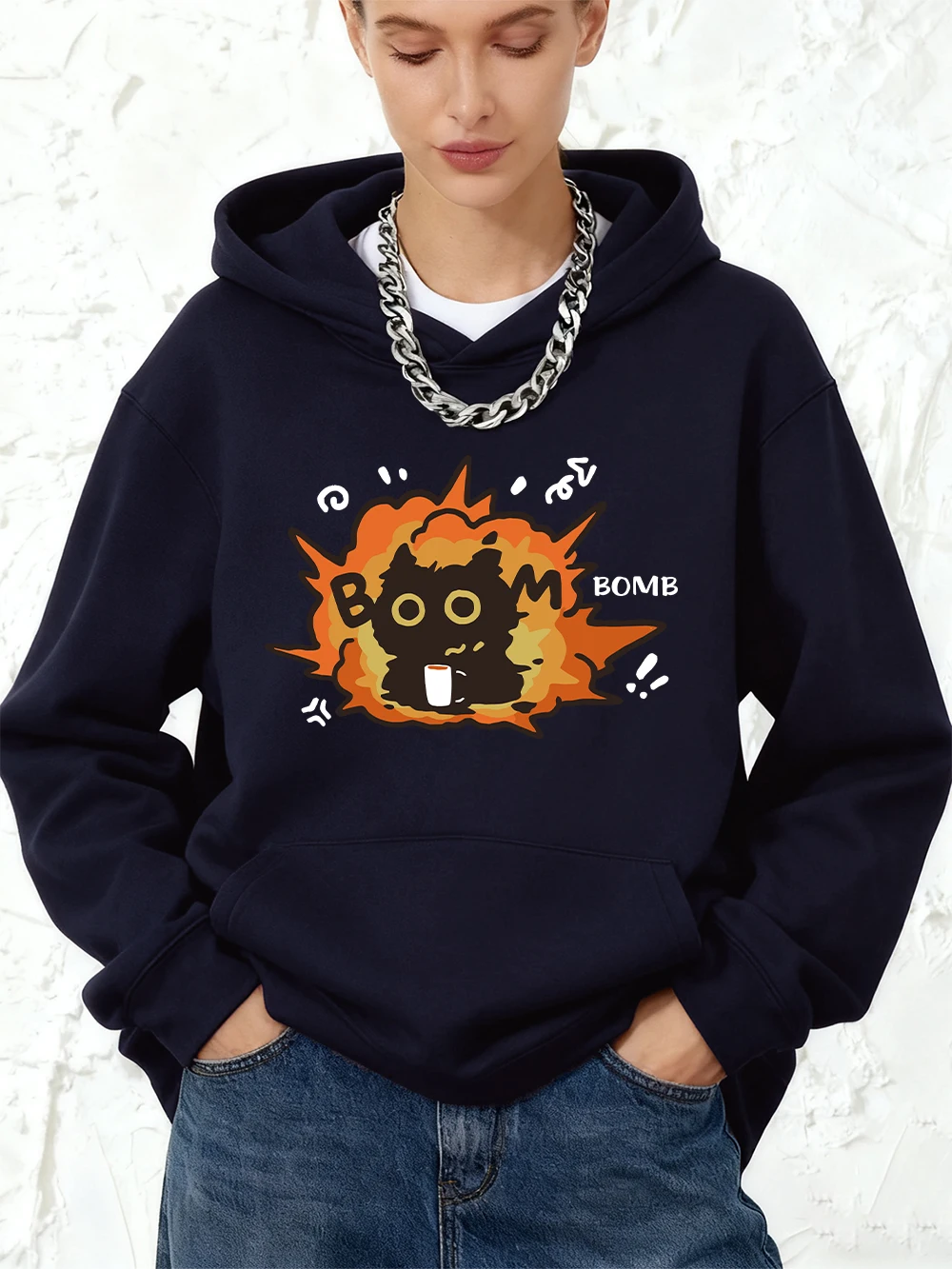 

Хлопковые толстовки с принтом Bomb Boom Cat, женские зимние толстовки с карманами, свободные пуловеры для бега, повседневная базовая флисовая теплая одежда