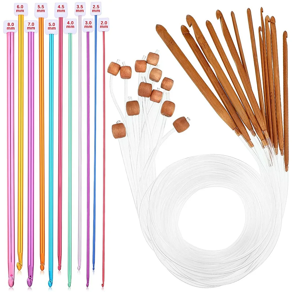 23 Pieces Tunisian Crochet Hooks Set 3-10 mm Cable Bamboo Knitting Needle with Bead Carbonized Bamboo Needle 2-8mm