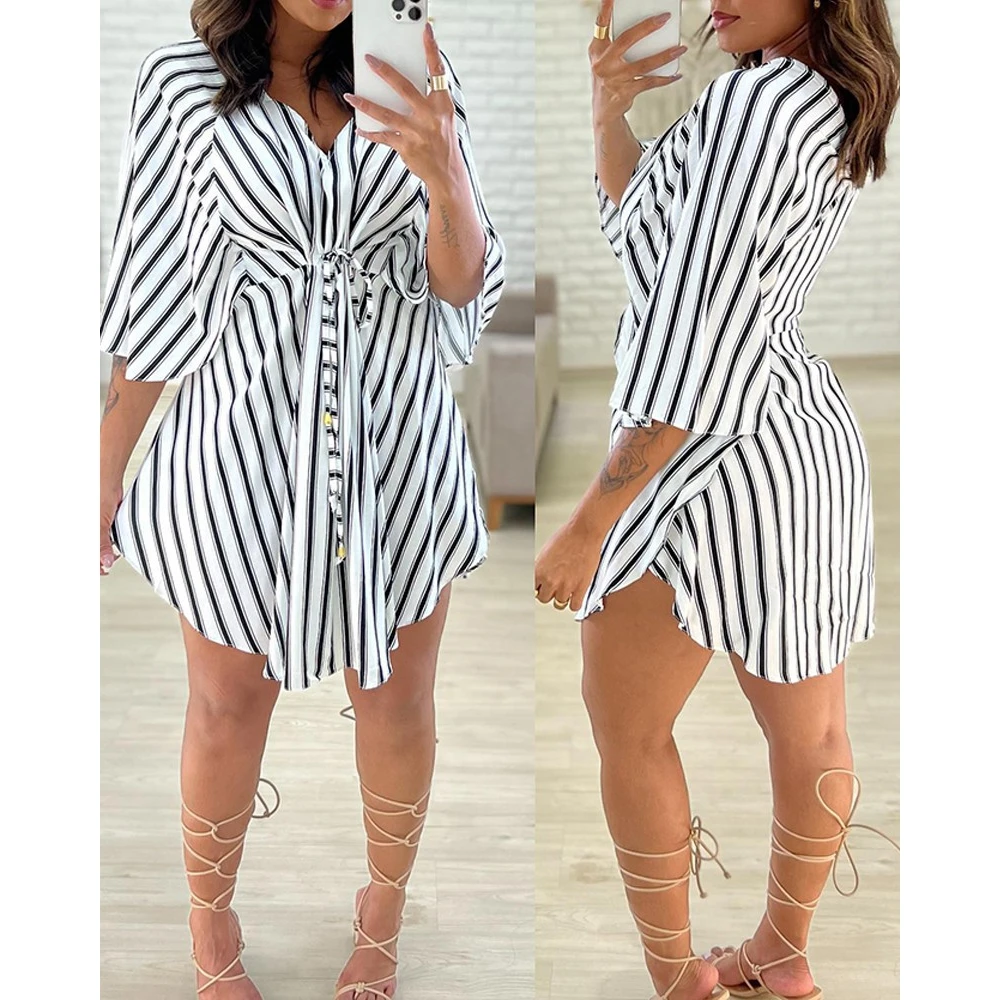 

Summer Women V-Neck Striped Print Tied Detail Shirt Dress Korean Fashion Asymmetrical Long Sleeve Casual Midi Dress Fashion