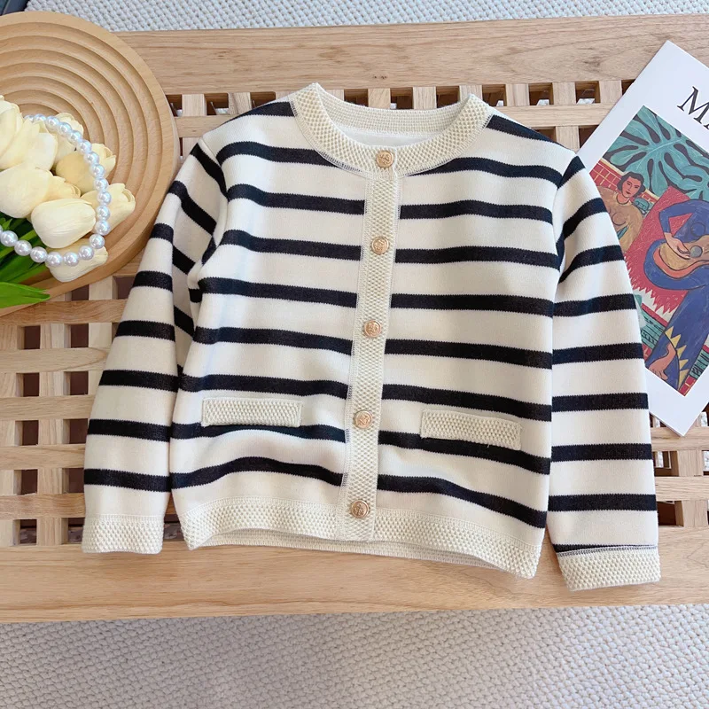 Korean style Girls striped knit Cardigan Winter 2024 Baby Girl thick Lining Fleece Sweater Children\'s Clothing warm casual Coat