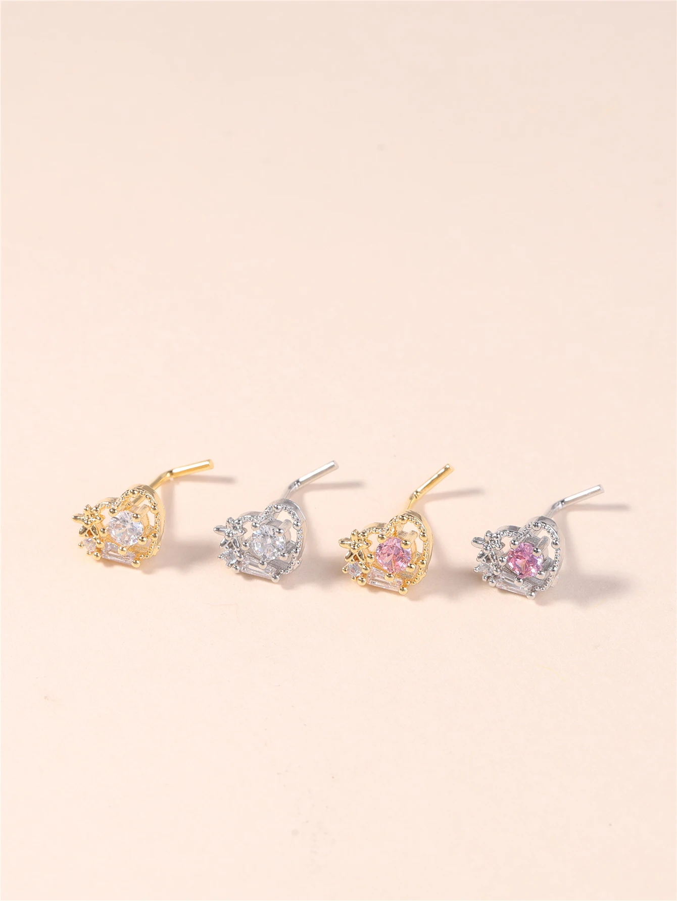 20G L Shaped Nose Studs Rings Cute Pink Heart CZ Shiny Love Stone Gold Silver Color Nose Piercing for Women Girl Nostril Jewelry