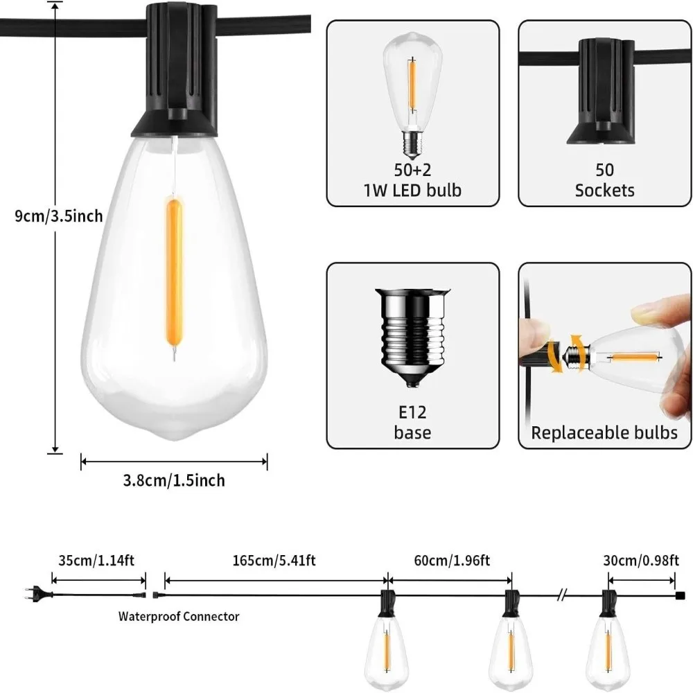 Vintage 10/20 Bulbs LED String Lights Dimmable Waterproof LED Bulbs Lights Shatterproof Connectable Outdoor String Light Wedding