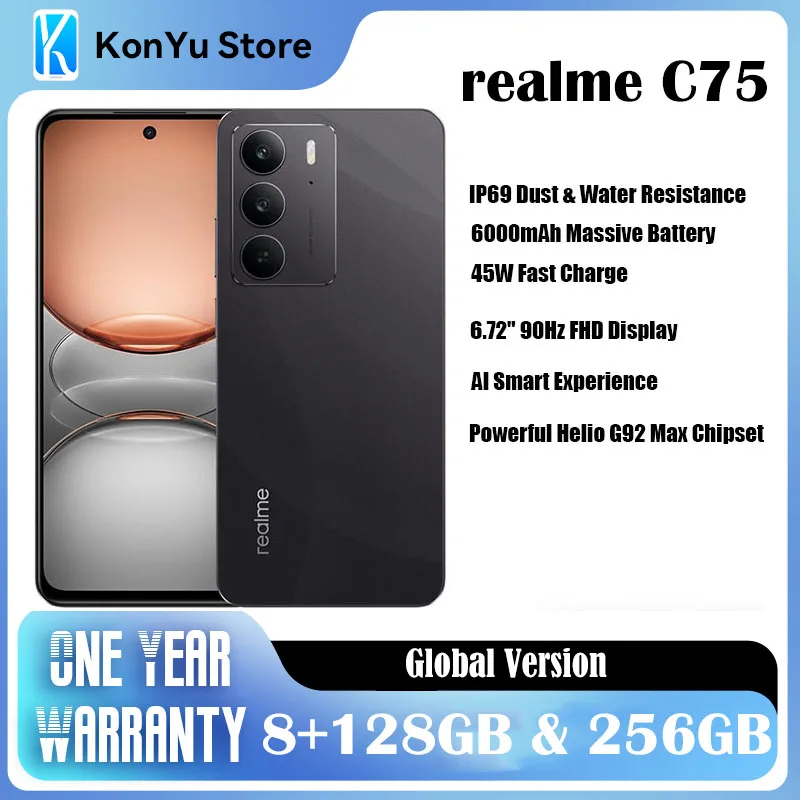 Телефон Realme C75 4G 6,72 дюйма, 8 ГБ ОЗУ, 128 ГБ, 256 ГБ ПЗУ, IP69, пыленепроницаемость, военный класс, 5828 мАч, 45 Вт, быстрое зарядное устройство для смартфона Телефон Realme C75 4G 6,72 дюйма, 8 ГБ ОЗУ, 128 ГБ, 256 ГБ ПЗУ, IP69, пыленепроницаемость, военный класс, 5828 мАч, 45 Вт, быстрое зарядное устройство для смартфона