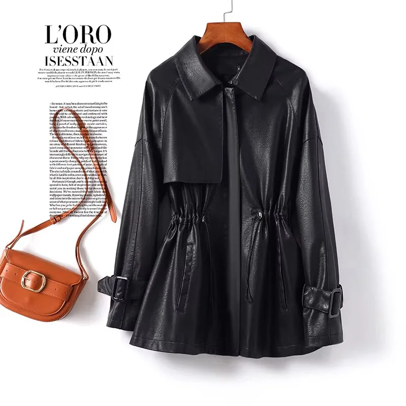 

Новая женская короткая кожаная куртка-тренч с разрезом, весенне-осенняя модная модель с отложным воротником, регулируемой талией на шнурке, приталенная, для женщин